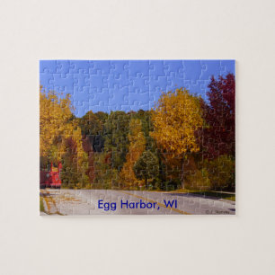 Egg Harbour, WI Fall Season with Trolley Car Jigsaw Puzzle