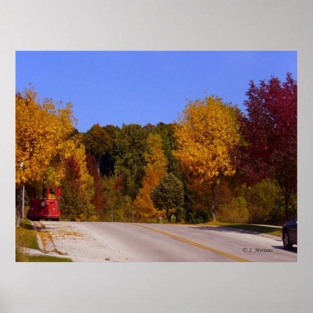 Egg Harbour, WI Fall Season with Trolley Car Poster (Front)