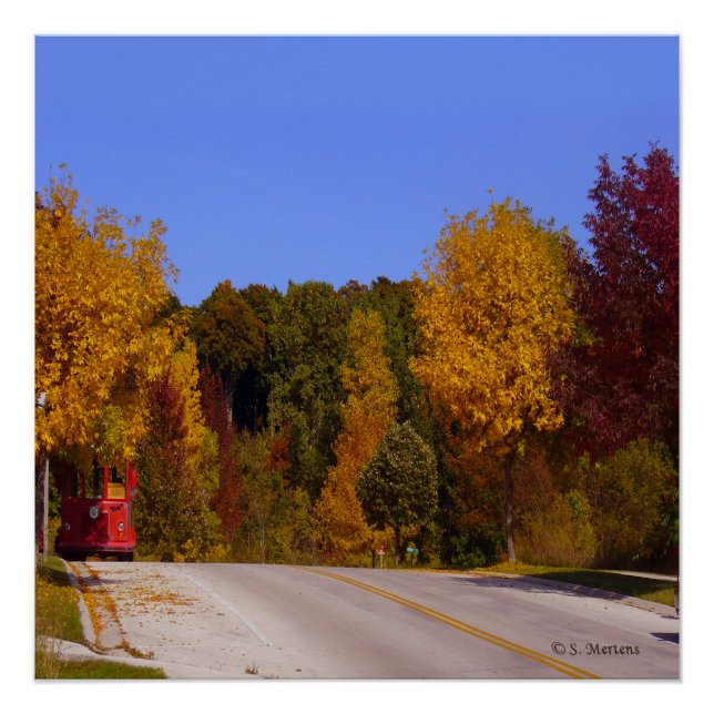 Egg Harbour, WI Fall Season with Trolley Car Poster (Front)