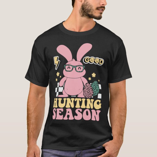 Egg Hunting Season Bunny Kids Adults Retro Groovy  T-Shirt (Front)