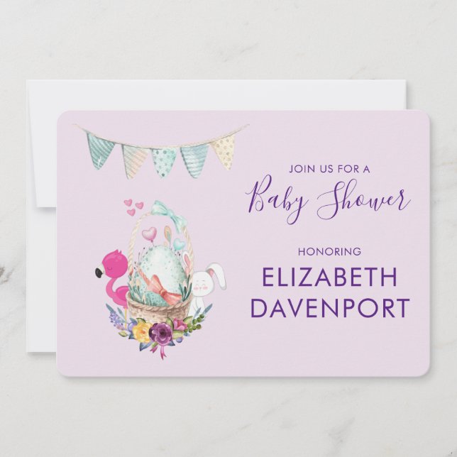 Egg in a Basket with Flamingo and Bunny Shower Invitation (Front)