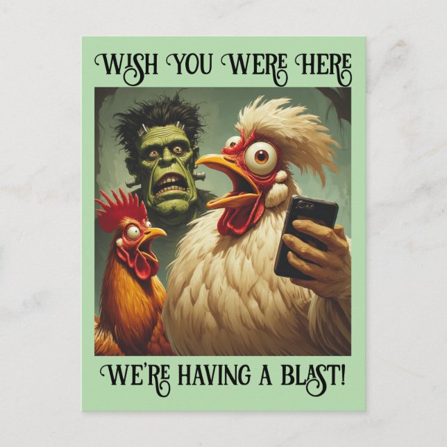 “Egg-less Encounter” Cheesy Chicken Postcard (Front)