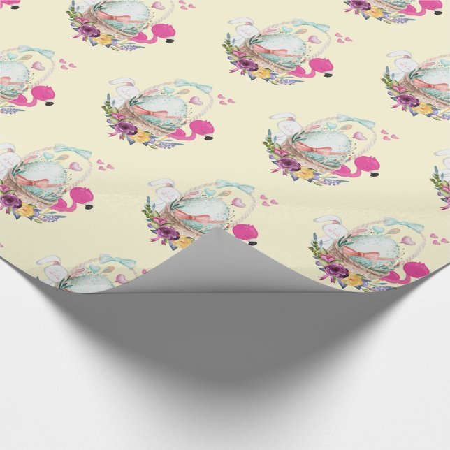 Egg, Pink Flamingo & Bunny, Watercolor Pattern Wrapping Paper (Corner)