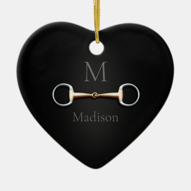 Eggbutt Snaffle Bit Monogrammed Equestrian Heart Ceramic Tree Decoration (Front)