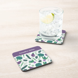 Eggplant and Broccoli Pattern with Name Purple Coaster