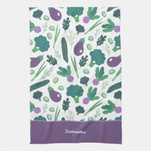 Eggplant and Broccoli Pattern with Name Purple Tea Towel