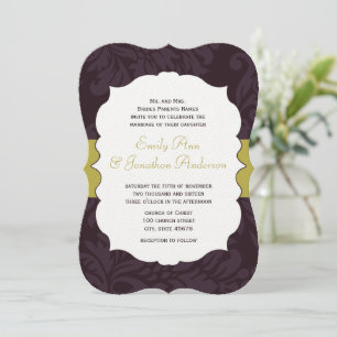 Eggplant and Golden Chartreuse Damask Wedding  Invitation