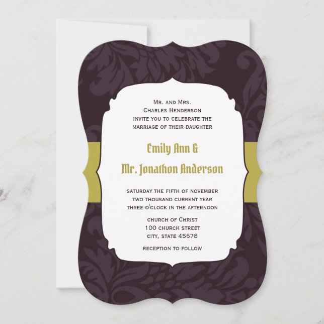 Eggplant and Lime Damask Wedding Invitation (Front)