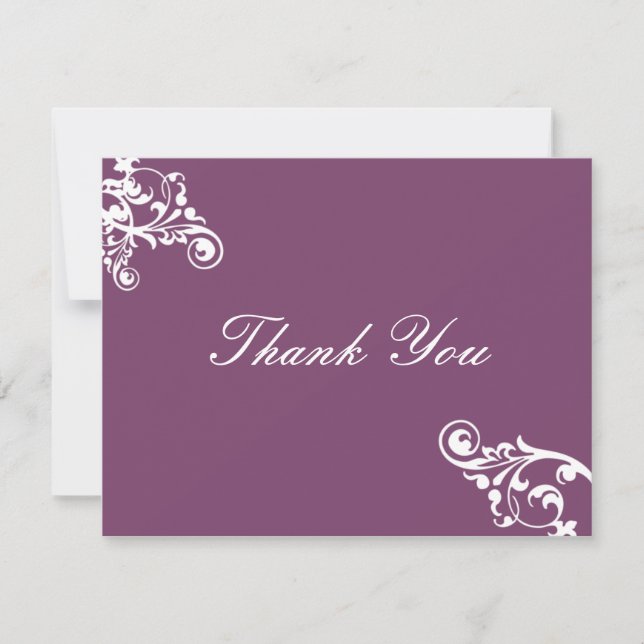 Eggplant and White Flourish Thank You Note Invitation (Front)