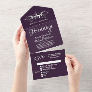  Eggplant and White Tri Fold w Rsvp Wedding  All In One Invitation