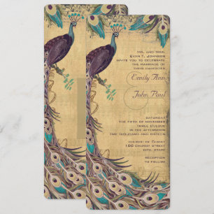 Eggplant Aqua and Gold Peacock Vintage 3 Feathers Invitation