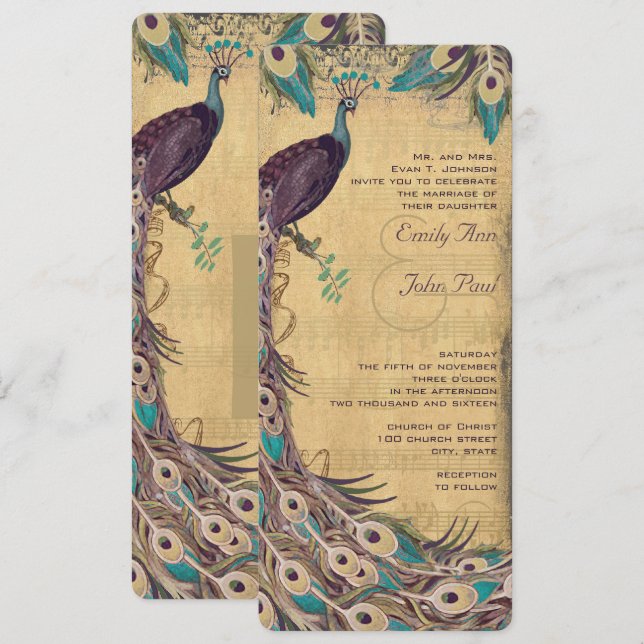 Eggplant Aqua and Gold Peacock Vintage 3 Feathers Invitation (Front/Back)