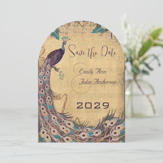 Eggplant Aqua  Peacock Vintage 3 Feathers Invitation (Standing Front)