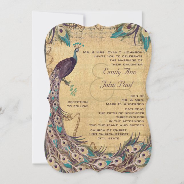 Eggplant Aqua  Peacock Vintage 3 Feathers Invitation (Front)