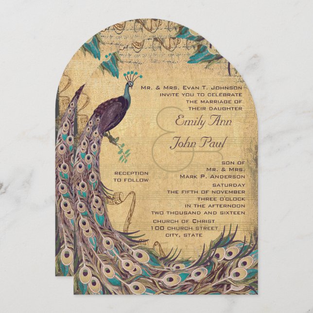 Eggplant Aqua Peacock Vintage 3 Feathers Invitation (Front/Back)