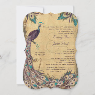 Eggplant Aqua Peacock Vintage 3 Feathers Invitation
