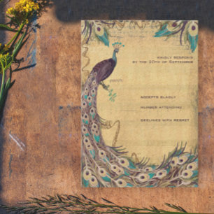 Eggplant Aqua  Peacock Vintage 3 Feathers RSVP Card