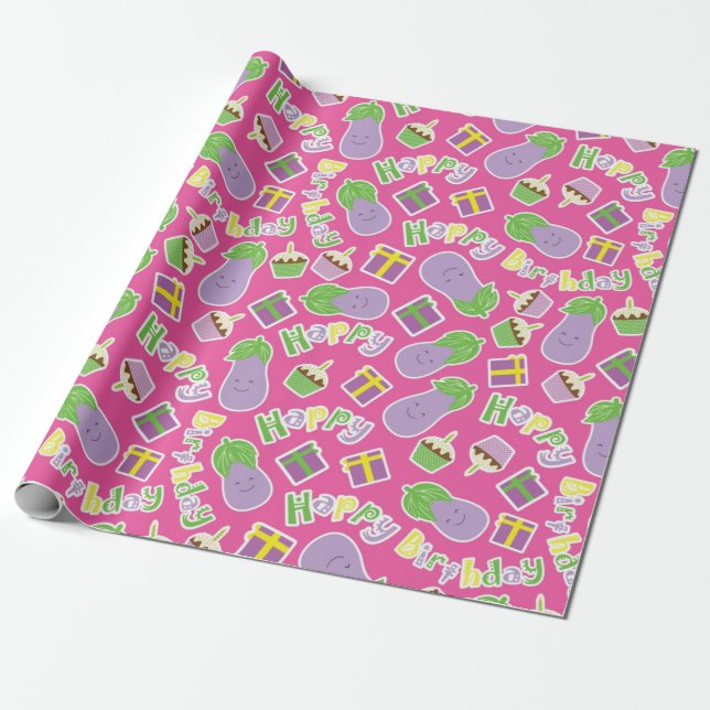 Eggplant Birthday Pattern Wrapping Paper (Unrolled)