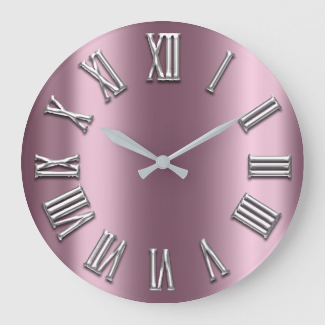 Eggplant Blush Grey Metal Grey Silver Roman Number Large Clock (Front)