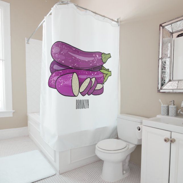 Eggplant cartoon illustration shower curtain (In Situ)