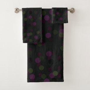 eggplant, dark purple, olive and black polka dots bath towel set