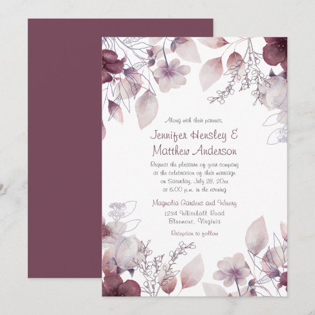 Eggplant, Dusty Purple, Mauve Pink Floral Invitation (Front/Back)