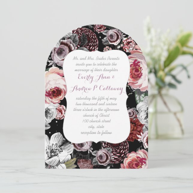 Eggplant Dusty Purple & Pink Heritage Rose Wedding Invitation (Standing Front)