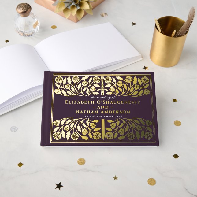 Eggplant Fantasy Royal Mediaeval Sword Wedding Guest Book (Front Open)