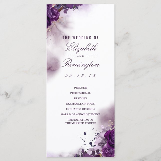 Eggplant Floral Watercolor Wedding Programs Programme (Front)