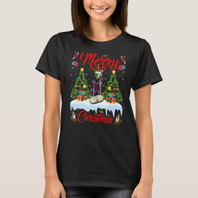 Eggplant Fruit Lights Xmas Tree Santa Eggplant Chr T-Shirt (Front)