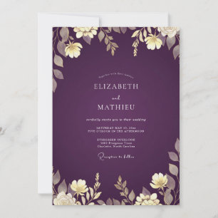 Eggplant Gold Foliage Eucalyptus Wedding Invitation