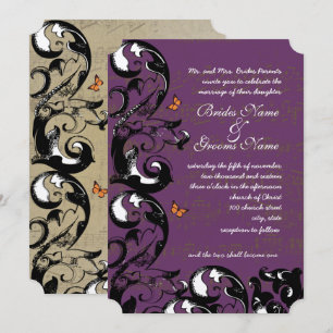 Eggplant Gold Metallic Butterfly Swirl Wedding Invitation