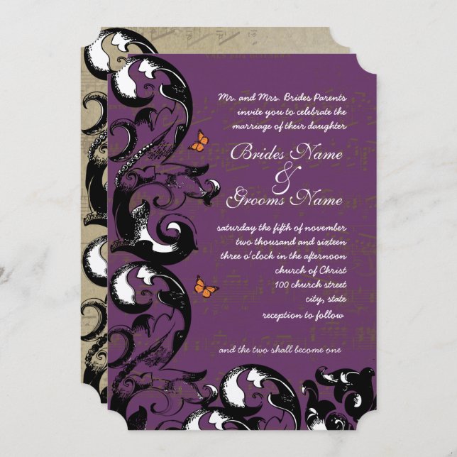 Eggplant Gold Metallic Butterfly Swirl Wedding Invitation (Front/Back)