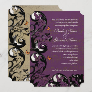 Eggplant Gold Metallic Butterfly Swirl Wedding Invitation