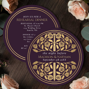 Eggplant Gold Sword Royal Wedding Rehearsal Invitation