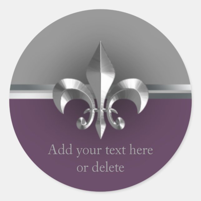 Eggplant Grey Metal Style Silver Fleur de Lis Classic Round Sticker (Front)