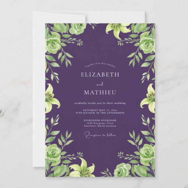 Eggplant Lime Leaf Wedding Invitation (Front)