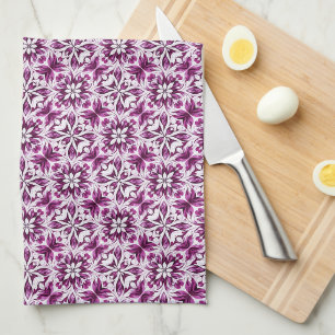 Eggplant, Magenta & White Damask Floral Pattern Tea Towel