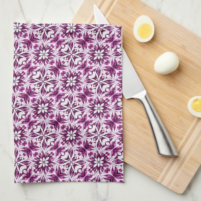 Eggplant, Magenta & White Damask Floral Pattern Tea Towel (Quarter Fold)
