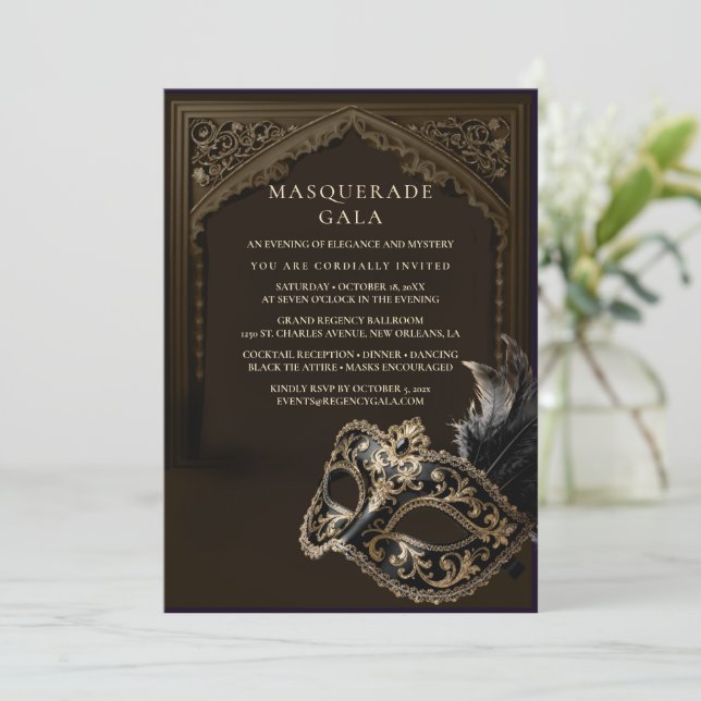 Eggplant Masquerade Elegant Gold Corporate Gala Invitation (Standing Front)