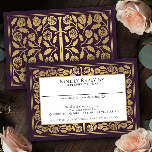Eggplant Mediaeval Gold Sword Royal Wedding RSVP Card