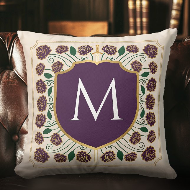 Eggplant Mediaeval Sword Shield Monogram Cushion (Creator Uploaded)