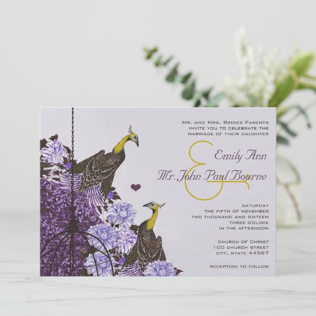 Eggplant Mustard Yellow Vintage Peacock Bird Cage Invitation (Standing Front)