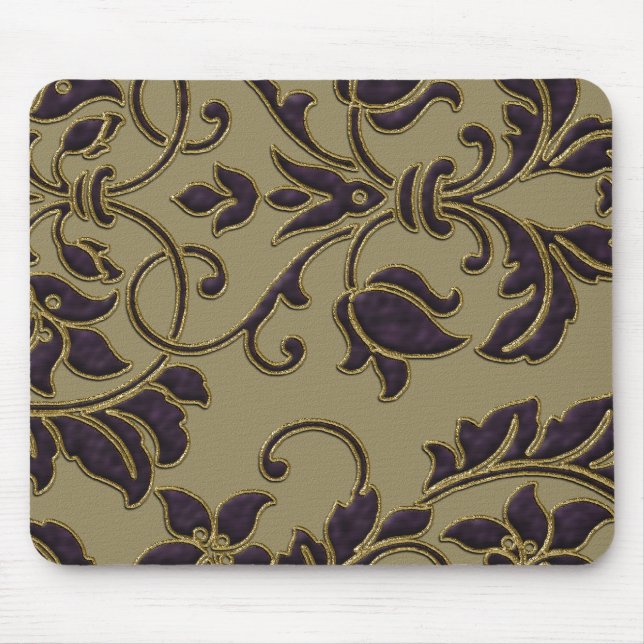 Eggplant on Tan Satin Damask Mouse Mat (Front)