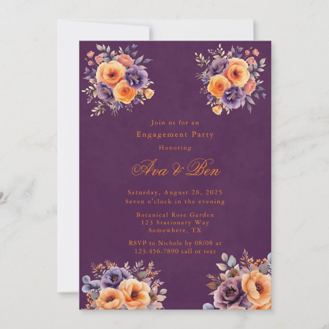Eggplant Orange Floral Elegant Engagement Party Invitation (Front)