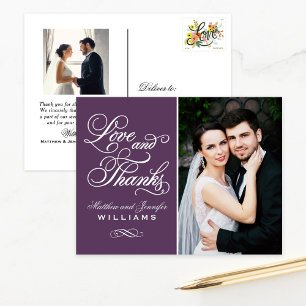 Eggplant Ornate Love and Thanks Wedding Photo Postcard