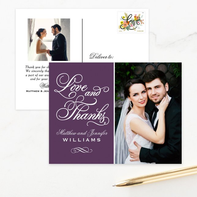 Eggplant Ornate Love and Thanks Wedding Photo Postcard (Creator Uploaded)