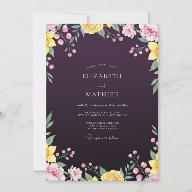 Eggplant Painted Wildflower Wedding Invitation (Front)