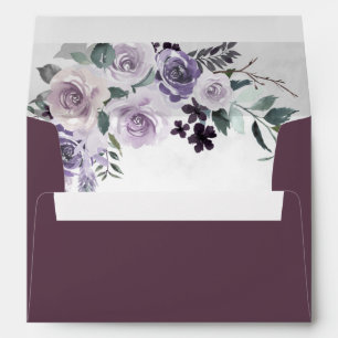 Eggplant Plum Purple and Silver Floral Wedding Envelope