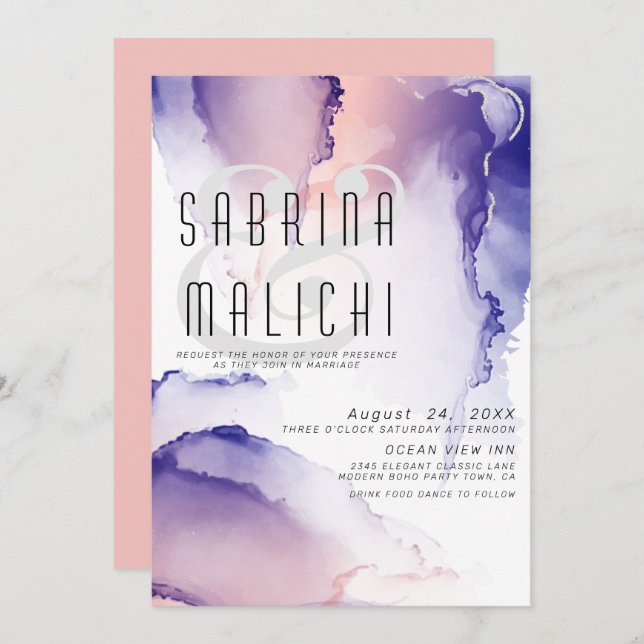 Eggplant Purple and Coral Rose Chic Alcohol Ink Invitation (Front/Back)
